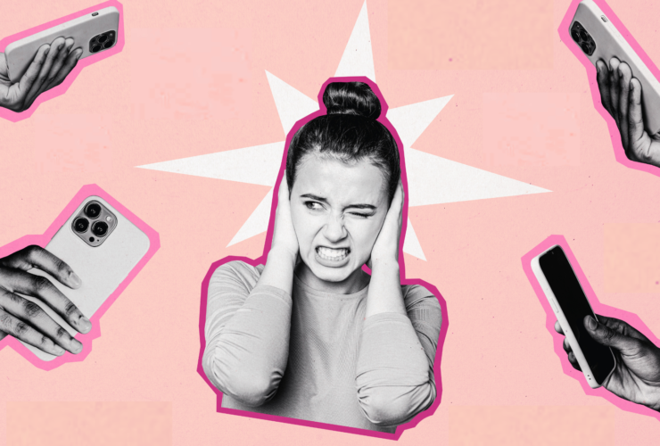 Collage photo illustration of a woman with her hands on her ears surrounded by cell phone notifications of influencers talking about "the one thing."